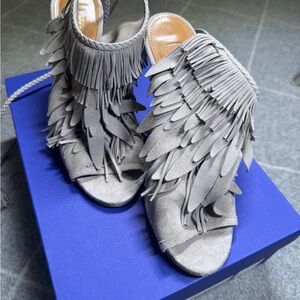 Aquazurra Firenze 'So Pocahontas 105' gray suede fringe heels